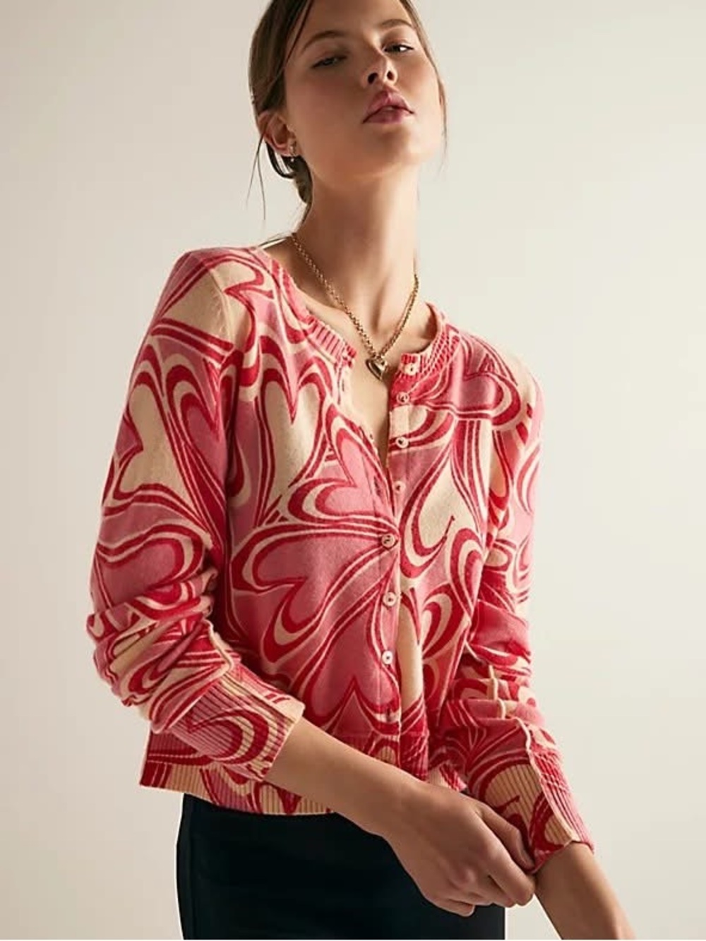 NWT Free People Nocturnal Patterned Cashmere Cardi (Red Hearts Combo)